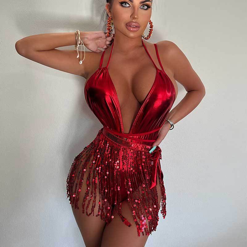 Wholesale Deep V swimsuit ins style tassel one-piece swimsuit